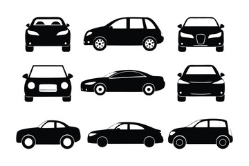 Automotive Silhouettes: A sleek collection of black car silhouettes, capturing various car models in side, front, and angled views. Perfect for automotive design, illustrating car types.