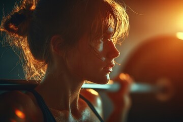 Fitness-focused woman  in a modern gym, vibrant lighting and soft bokeh in the background, 8K detail.