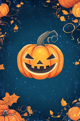A vibrant Halloween-themed illustration featuring a grinning pumpkin surrounded by autumn leaves