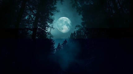 Fototapeta premium Full moon shining over a misty forest.