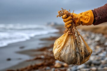 Holding a trash bag on a sandy beach while the ocean waves gently embrace the shore in a tranquil coastal moment