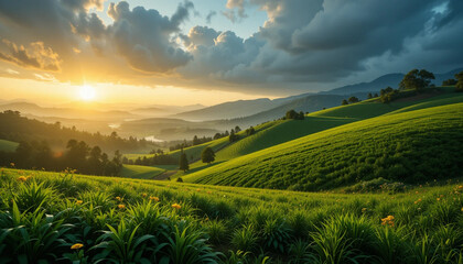 Rolling Green Hills Landscape with Sunset and Cloudy Sky View