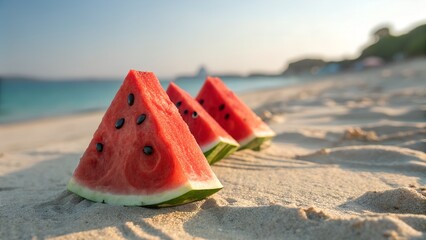 Three watermelon slices are placed on the sandy beach