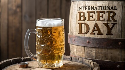 A mug of beer sits next to a barrel for international beer day