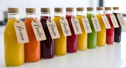 Assortment of Colorful Fruit Juices in Small Bottles with Tags
Variety of Freshly Bottled Juices Lined Up on White
Healthy and Natural Fruit Drinks: A Collection of Flavors