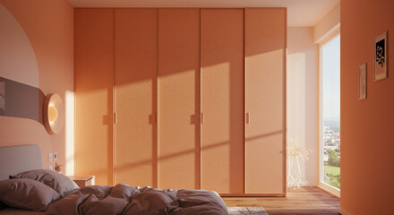 Warm Bedroom Interior with Orange Walls Wardrobe and City View