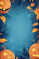 Halloween-themed illustration featuring carved pumpkins and autumn leaves on a blue background