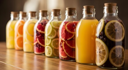 Assortment of Colorful Fruit Juices in Small Bottles with Tags
Variety of Freshly Bottled Juices Lined Up on White
Healthy and Natural Fruit Drinks: A Collection of Flavors