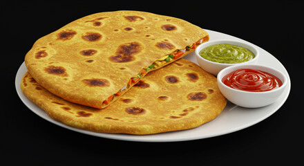 Vegetable Paratha Served with Dipping Sauces on Plate Presentation