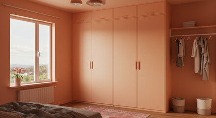 Bedroom Interior with Wardrobe and Natural Light in Warm Tone Design