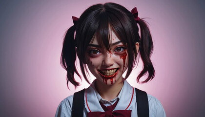 Smiling Zombie Girl with Bloody Face and School Uniform Close Up