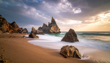Large sea rocks standing boldly on a calm coast.