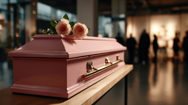 Elegant farewell with soft pink coffin adorned by roses in a serene modern setting