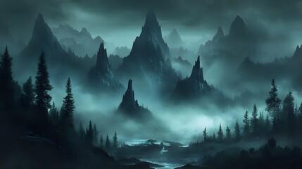 Misty mountain range shrouded in twilight.