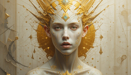 Elegant Woman Portrait with Gold Crown and Geometric Background Art