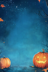 Halloween-themed illustration featuring carved pumpkins with a spooky background and autumn leaves