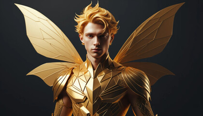Golden Fairy Man in Armor and Wings Against a Dark Background