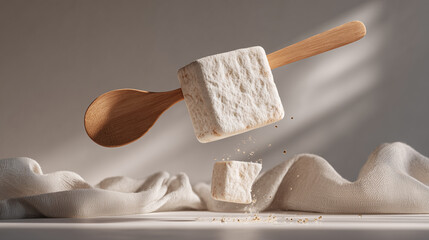 Artisanal Marshmallow Treat Presentation with Wooden Spoon and Linen Setting