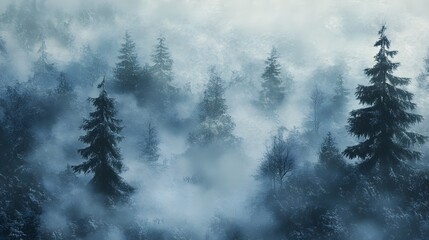 Misty winter forest scene with snow-covered trees.