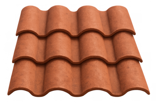 Overlapping red ceramic roof tiles creating textured, wavy geometric pattern, architectural surface detail against transparent background