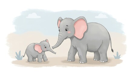 Adorable Elephant Family: Cute Cartoon Illustration