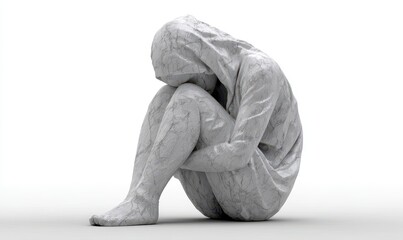 Gray Scale 3D Render of a Seated Figure Expressing Sadness