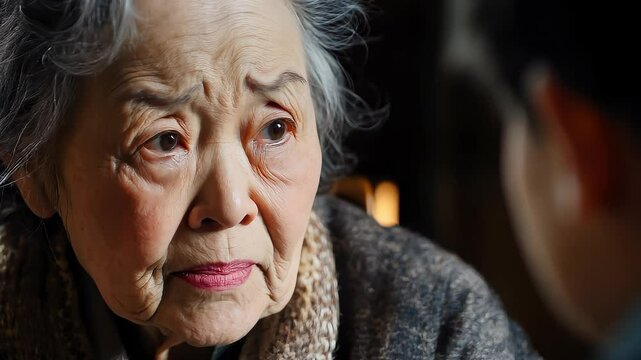 An Elderly Woman's Eyes Filled with Emotion Listen Attentively