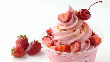 Strawberry frozen yogurt with cherry and nuts in cup dessert food photography sweet treat delicious 100