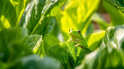 Tree frog resting on a vibrant leaf, bathed in soft sunlight - nature's delicate balance in a hidden world
