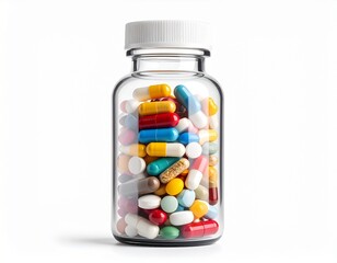 A clear glass bottle generously filled with various colorful pills and capsules. Represents daily medication, wellness supplements, and pharmaceutical supply.
