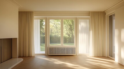 Bright Empty Room with Large Window, White Curtains, Fireplace and Wooden Floors