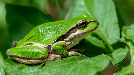 Obraz premium Tree frog resting on a vibrant leaf, bathed in soft sunlight - nature's delicate balance in a hidden world