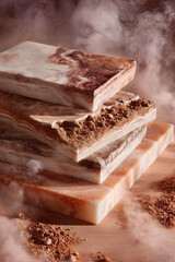 Artistic Presentation of Stacked Marble Slabs with Smoky Background, Earth Tone Palette