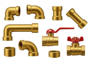 Collection of various brass plumbing fittings and ball valves with red handles isolated on transparent background