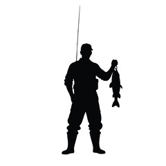 Silhouette of a Fisherman Holding a Caught Fish