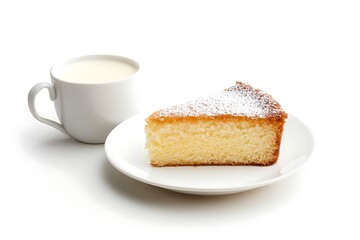Cake Slice with Powdered Sugar and Milk Cup on White Background Still Life