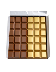 Chocolate bar with a gold foil packaging half opened Isolated on Transparent or White Background