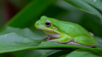 Naklejka premium Tree frog resting on a vibrant leaf, bathed in soft sunlight - nature's delicate balance in a hidden world
