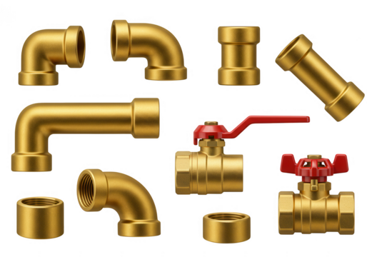 Collection of various brass plumbing fittings and ball valves with red handles isolated on transparent background