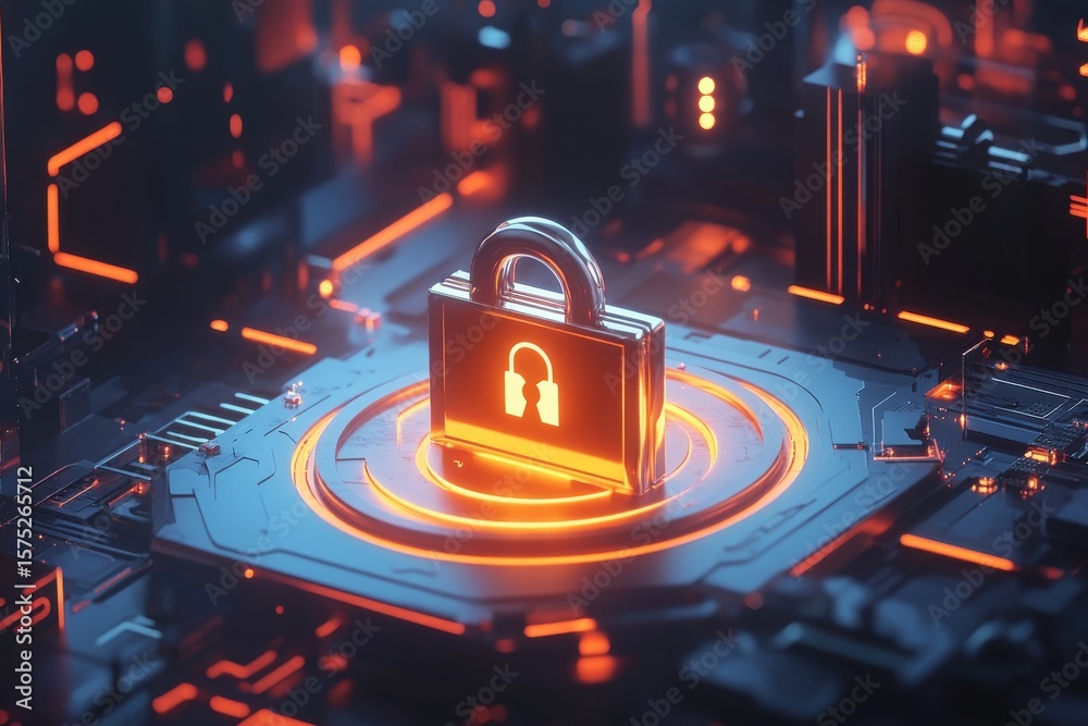 Poster visual representation of cybersecurity with padlock and shield on a digital background emphasizing p