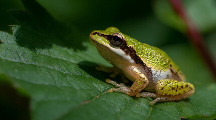 Fototapeta premium Tree frog resting on a vibrant leaf, bathed in soft sunlight - nature's delicate balance in a hidden world