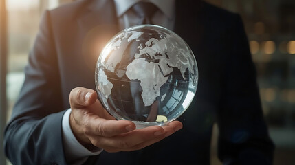 A dark suit businessman holds a transparent globe with a world map, symbolizing global business and strategy, with a softly blurred background and warm lighting.