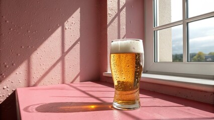 A glass of beer sits on a table near a window