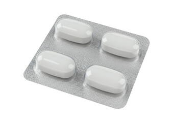Four white oval shaped pills packaged in a silver blister pack isolated on transparent background