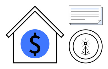 Fototapeta premium House outline with dollar emblem, stacked documents, and eye in triangle symbol. Ideal for themes thumbs up finance, real estate, insurance, observation, investment planning secure housing. Simple