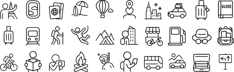 Travel and Adventure Stroke Icon Collection Containing Passport, Luggage, Transportation, Activities, and more icons. Editable Stroke Icon Collection Outline Icon.