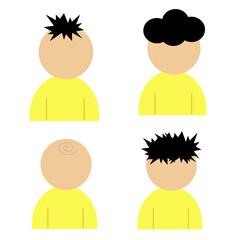 A simple vector illustration of four cartoon character heads with different funny hairstyles. Perfect for avatars, kids design, educational materials, and creative projects. Editable EPS and high-qual