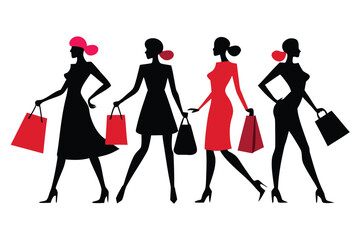 Elegant Women Shopping Fashionable Silhouettes with Shopping Bags