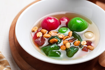 Wedang ronde. Traditional drink made from ginger, sticky rice balls, and peanuts. 