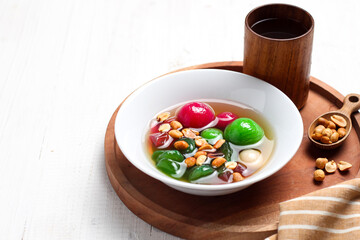 Wedang ronde. Traditional drink made from ginger, sticky rice balls, and peanuts. 